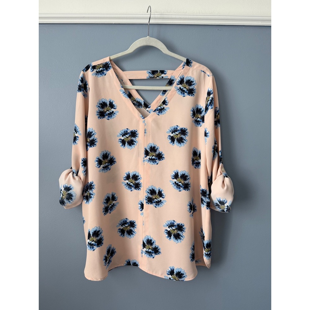LOFT Blush Pink Blue Floral Long Roll-Tab Sleeve Double V-Neck Boho Size Large - Picture 7 of 10
